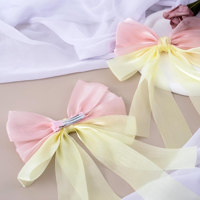 STSTR 2Pcs Large Hair Bow Clips, Pink Yellow Silk Yarn Ribbon Bow Hair Barrette for Women, Elegant Long Tail Bowknot French Accessories for Wedding, Parties, Festivals - Style 2 - Image 3